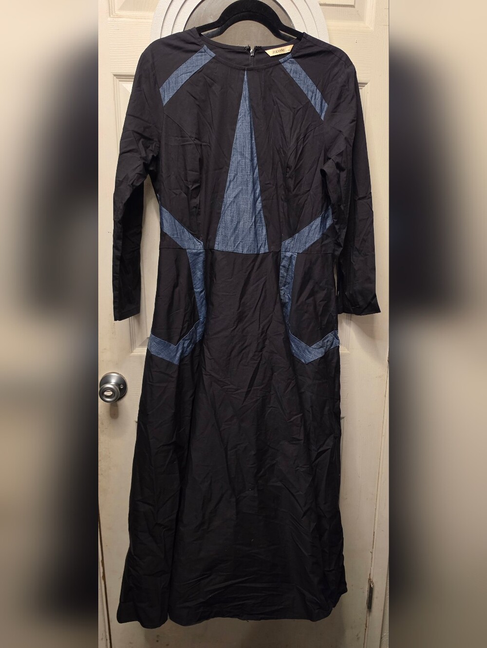 Black Long Sleeve Maxi Dress with Blue Trim